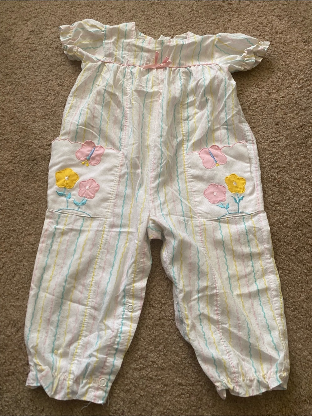 Vintage 80s 90s Mayfair Pastel Seersucker Embroidered Baby Romper 18M